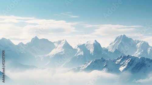 Panoramic view of a mountain range with peaks in monochrome. Foggy and overcast. Illustration for cover  card  postcard  interior design  banner  poster  brochure or presentation.