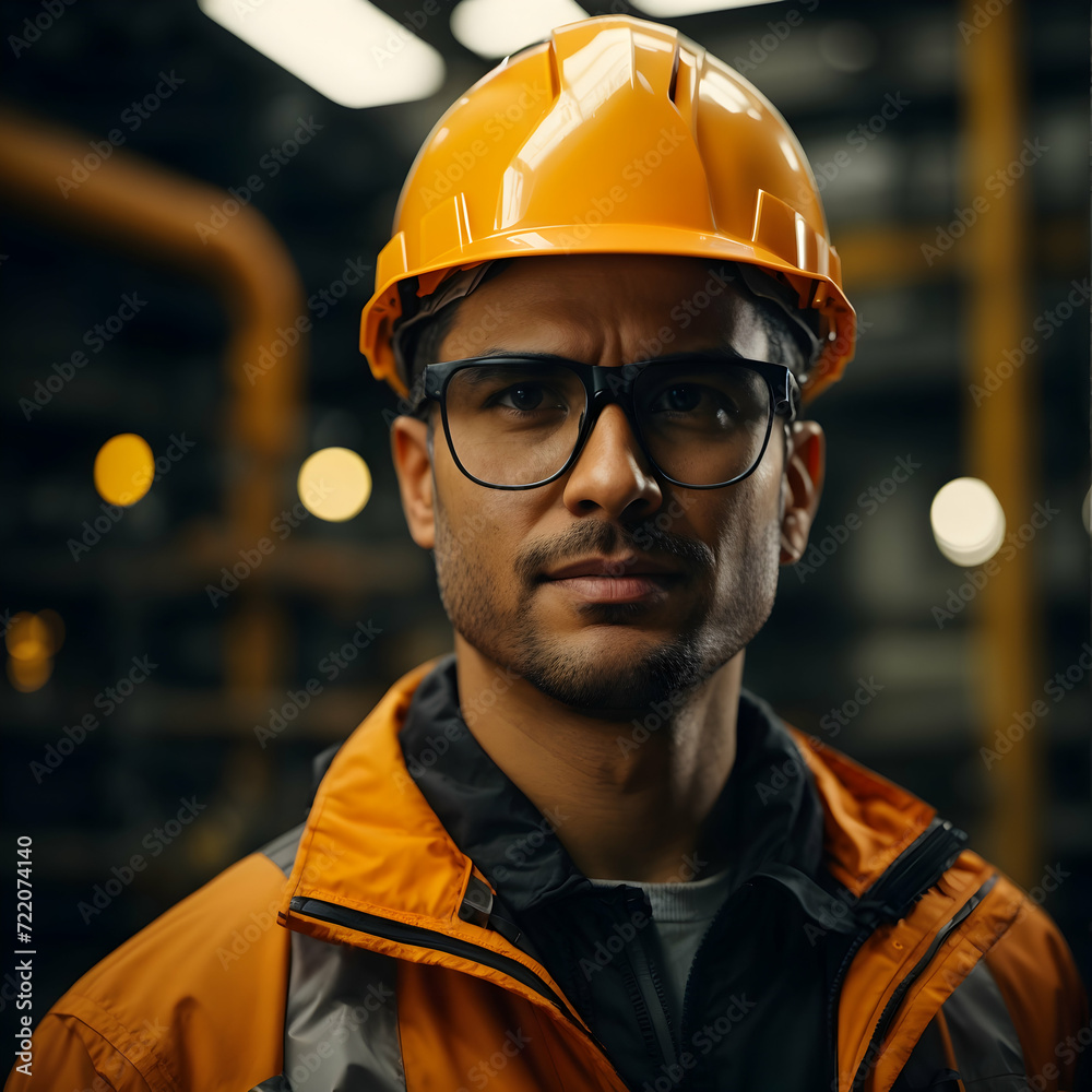 Portrait of confident male engineer in safety helmet and glasses standing at industrial plant. Industrial and engineering concept Portrait of confident male engineer in safety helmet and glasses standing at industrial plant. Industrial and engineering concept