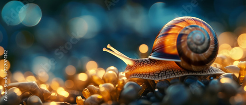 A snail glides over glistening pebbles, bathed in the ethereal glow of a dreamy, bokeh-lit twilight