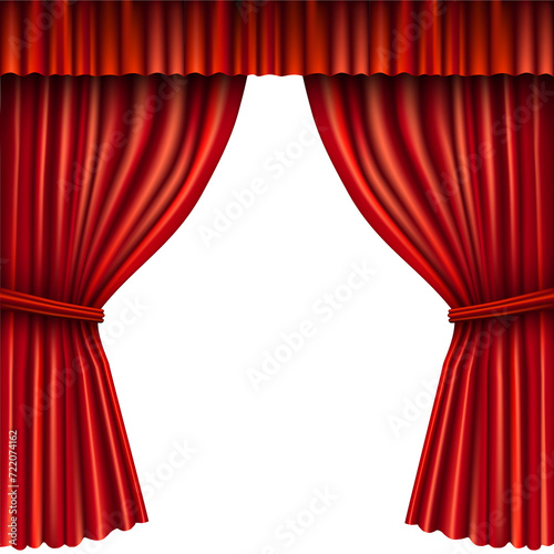 Red stage curtain realistic illustration for theater or opera scene backdrop, concert grand opening or cinema premiere. Red curtains or portiere drapes for ceremony performance design template