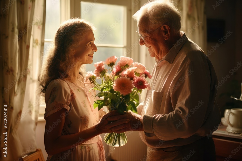 Flowers, love and cooking with a senior couple in kitchen for surprise breakfast in celebration of an anniversary, birthday or valentines day. Food, romance and morning with an elderly man and woman