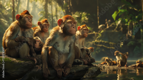 Monkeys sit together in the Jungle