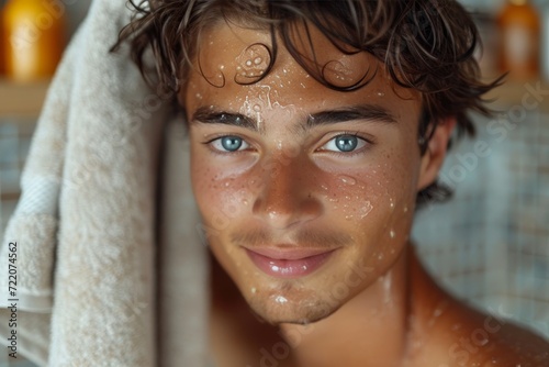 Amidst the serene glow of an indoor setting, a young man's face is adorned with sparkling droplets of water, his skin glowing with a smile as his eyes gaze into the distance, framed by thick eyebrows