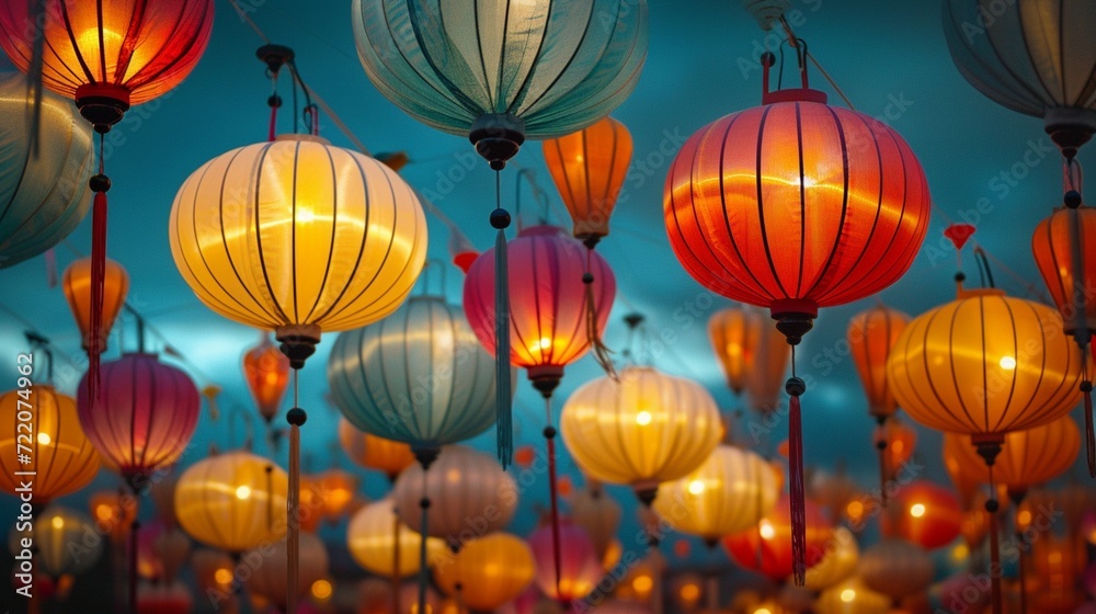 A mesmerizing array of colorfully lit paper lanterns casting a warm glow in the evening sky. 8K A mesmerizing array of colorfully lit paper lanterns casting a warm glow in the evening sky. 8K