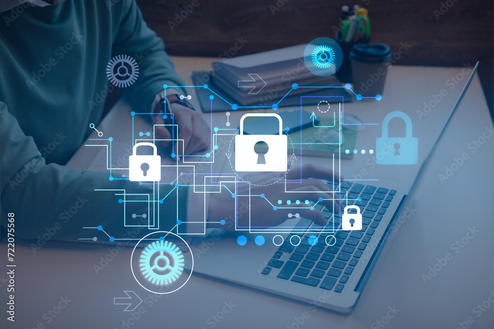 Privacy protection. Man using laptop at table, closeup. Digital scheme with padlocks Privacy protection. Man using laptop at table, closeup. Digital scheme with padlocks