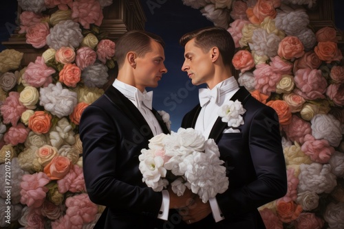 Portrait of loving gay male couple on their wedding day with flowers on background. people, homosexuality, same-sex marriage and love concept close up of happy male gay couple with flowers on wedding photo