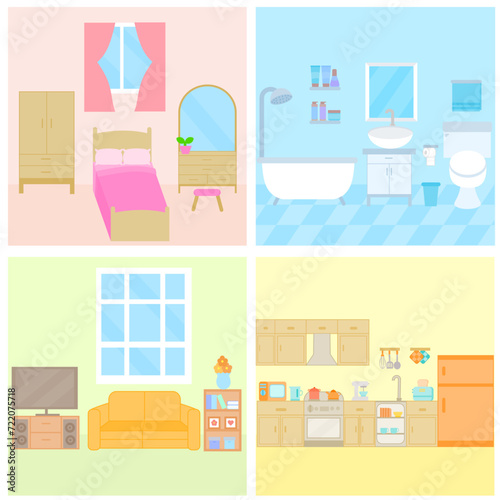 Living room, bedroom, kitchen and bathroom.Set of furniture.Interior design.Decor accessories.Modern house.Hotel or apartment.House or real estate.Flat design.Graphic.Cartoon vector illustration. © wanpiya