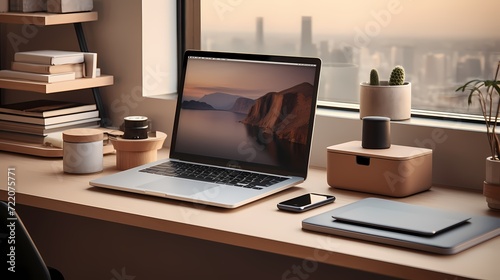 Stylish office desk setup with a modern laptop, wireless mouse, and a chic desk organizer