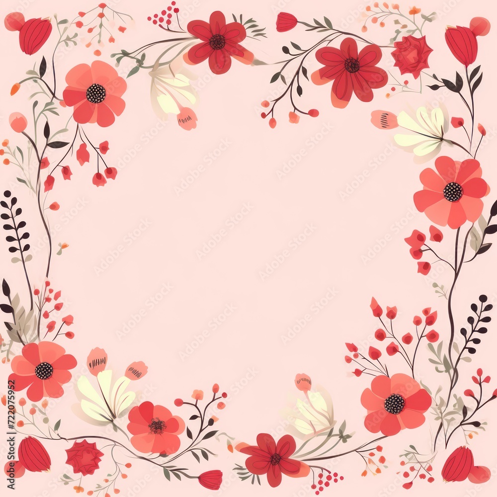 cute cartoon flower border on a light cranberry background, vector, clean