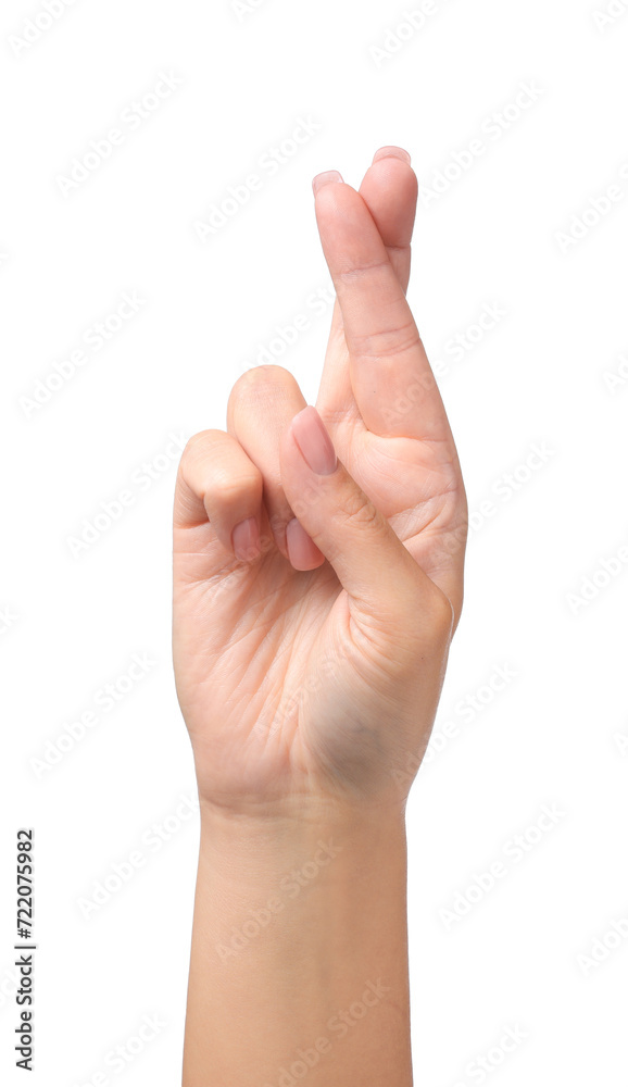 Woman crossing her fingers on white background Woman crossing her fingers on white background