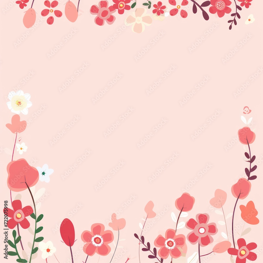 cute cartoon flower border on a light cranberry background, vector, clean