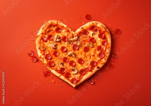 Valentine's Day love shape made of pizza on a red background