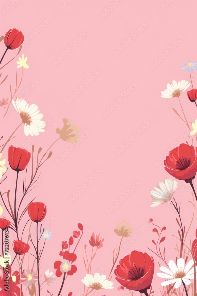 cute cartoon flower border on a light cranberry background, vector, clean