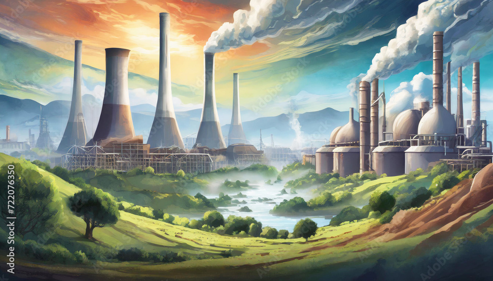 Illustration of factory in nature landscape with big chimney smoke, air pollution. Sustainability, industry, manufacturing, emission concept. ai generated. - obrazy, fototapety, plakaty 
