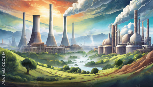 Illustration of factory in nature landscape with big chimney smoke, air pollution. Sustainability, industry, manufacturing, emission concept. ai generated. photo