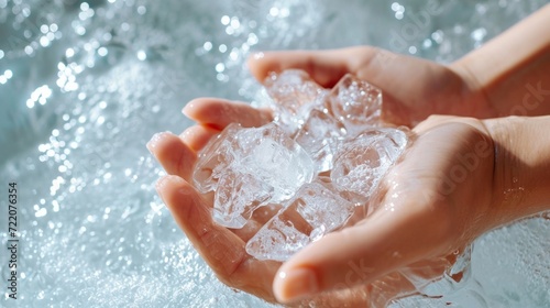 Ice cold hands. Woman hands holding ice cubes - closeup.