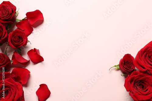 Beautiful red roses and petals on pale pink background, flat lay. Space for text photo