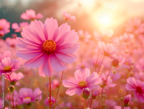 Cosmos flowers blooming at sunset in a soft focus field. 