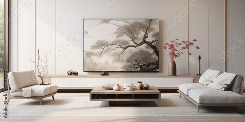 Loft style living room decor, interior design with sofa and low angle table, large abstract art on the back wall, modern interior design