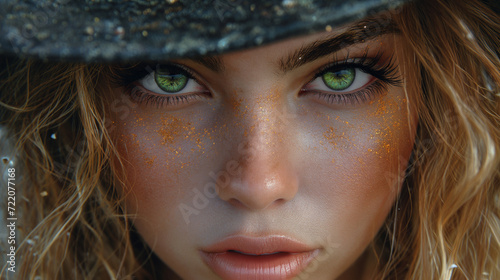 Mulher linda de olhos verdes usando chapeu olhando fixamente para a camera  photo