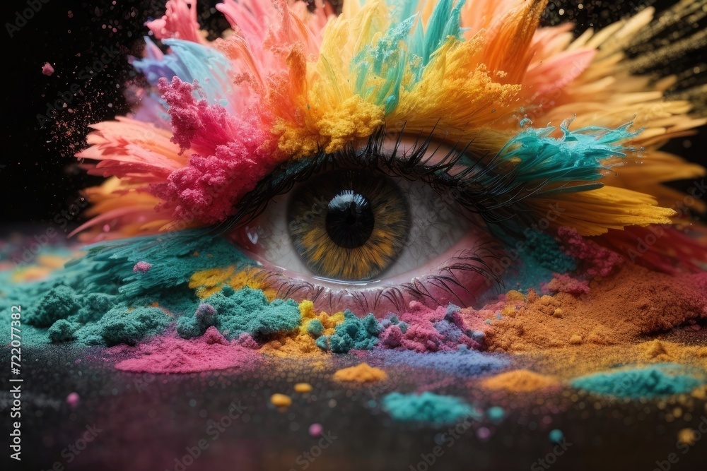 Close-up of a rainbow woman eye, Colorful eye isolated with abstract background