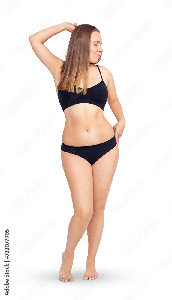Confident smiling woman posing in black underwear. Confident smiling woman posing in black underwear.