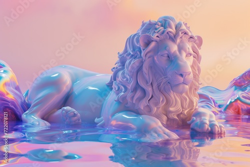 marble stone lion statue against pastel coloured iridescent background photo