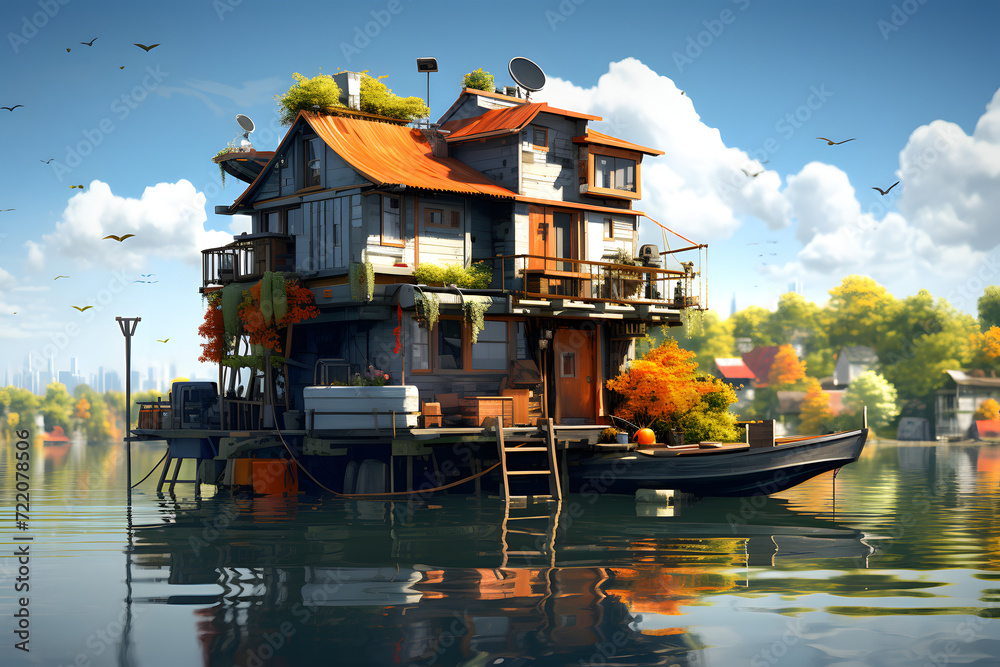 Obraz premium House boat on river, fantasy house boat, cool house boat