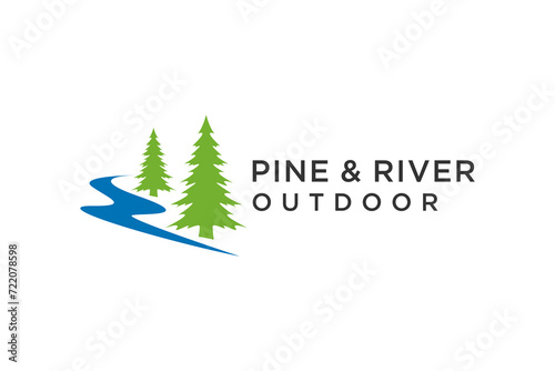 Pine tree logo design with river element vector template, business park outdoor icon symbol.