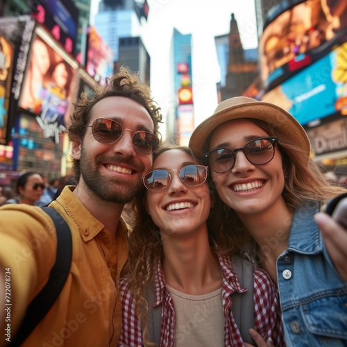 Tourists taking selfie on a hot summer day, on Times Square, New York City.