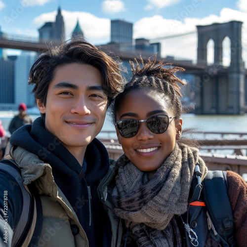 Tourists taking selfie on Brooklyn Bridge, New York City on warm, sunny day.