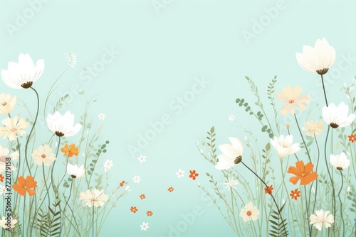cute cartoon flower border on a light mint green background, vector, clean