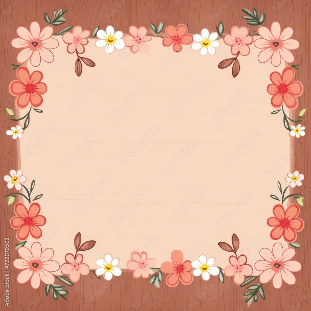 cute cartoon flower border on a light mahogany background, vector, clean