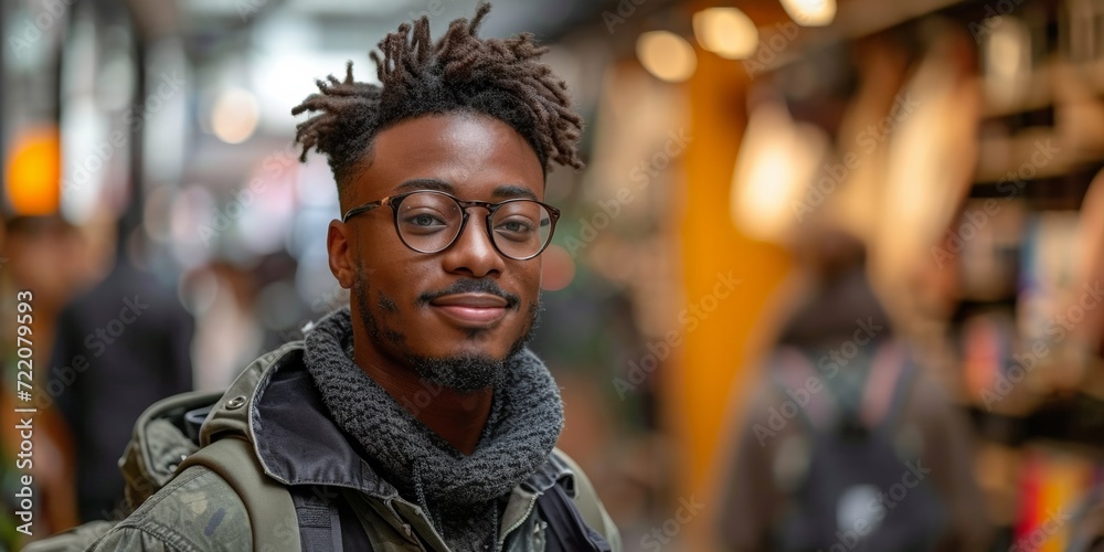 Cheerful and stylish, a trendy black man enjoys shopping in the city mall.