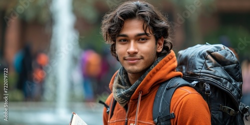 Portrait of a handsome and stylish Indian student or tourist with a backpack, exuding confidence.