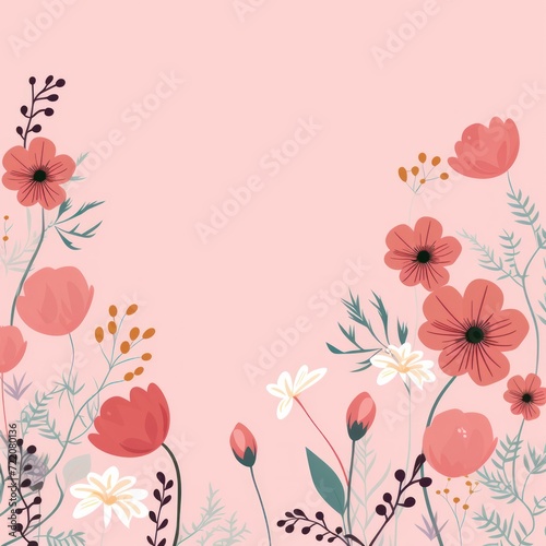 cute cartoon flower border on a light pink background, vector, clean 