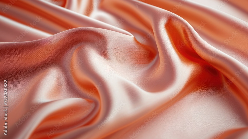 Fototapeta premium A detailed view of a Peach Fuzz color satin fabric, capturing its shiny, smooth surface and the warm peach hue, filling the entire screen with its luxurious and glossy texture.