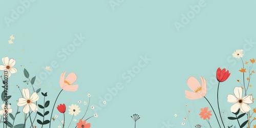 cute cartoon flower border on a light mint green background  vector  clean