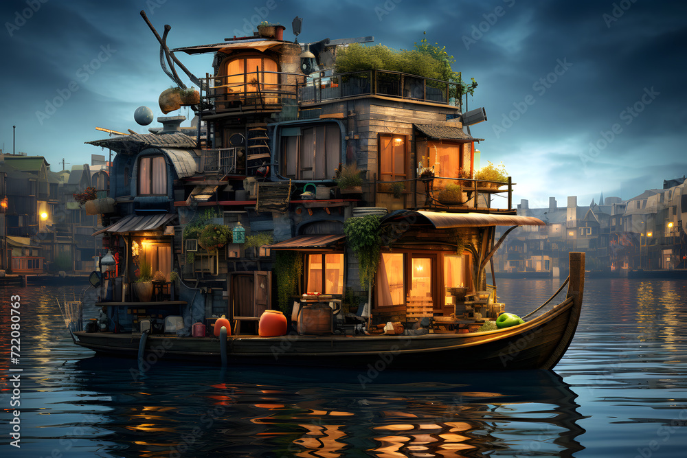 House boat on river, fantasy house boat, cool house boat