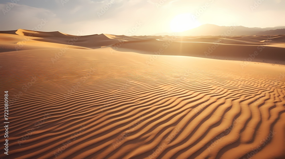 Sun-kissed sand dunes casting long shadows in the late afternoon, showcasing the dynamic play of light and shadow