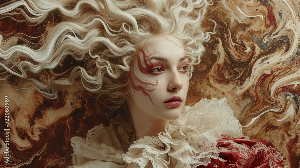 A woman with white hair and red makeup, baroque style, surrounded by swirls and paint streaks - obrazy, fototapety, plakaty 