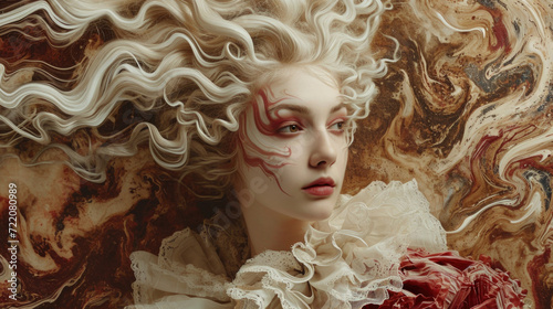 A woman with white hair and red makeup, baroque style, surrounded by swirls and paint streaks photo