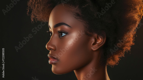 Profile of black young woman, beautiful face of African model with glow and shine in studio