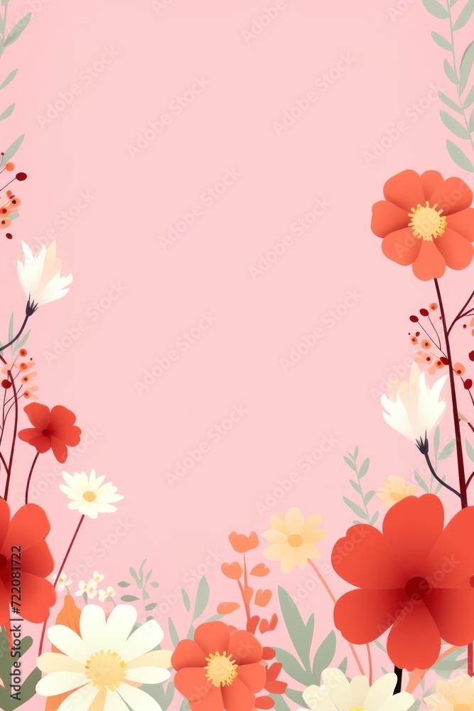 cute cartoon flower border on a light pink background, vector, clean