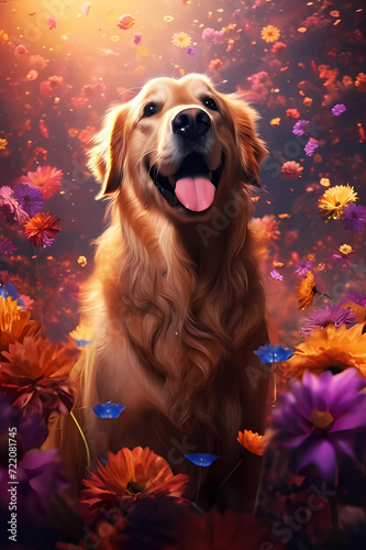 photo an ai generated illustration of a golden retriever dog sitting among a stunning array of vivid wildflowers