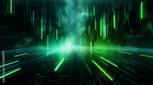 Abstract 3D background of green neon lines sliding down. Modern wallpaper.