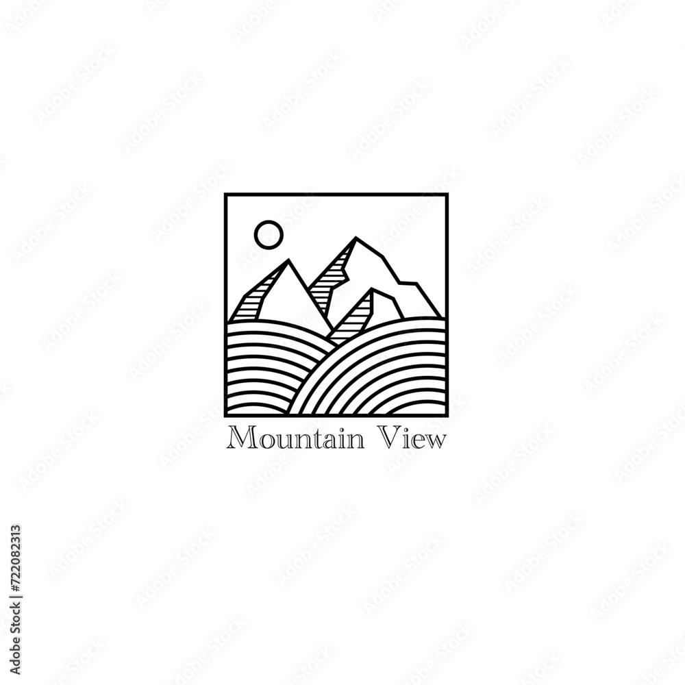 mountain view monoline vector illustration for logo, template, icon, sign, design, etc