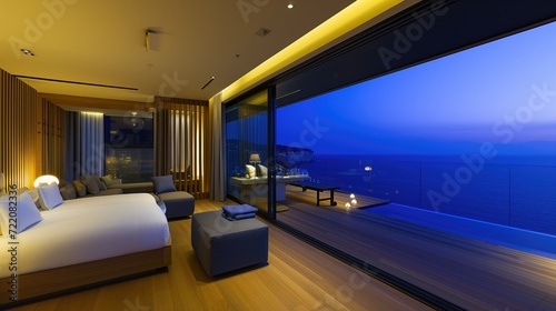 Modern Bedroom Overlooking Ocean at Twilight