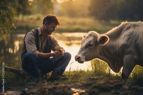 Portrait of farmer and a cow with lake on background © Александр Ткачук