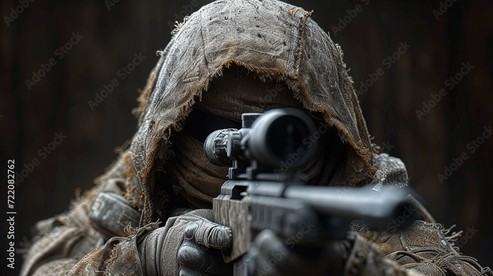 Soldier sniper with his weapon, military, war concept Soldier sniper with his weapon, military, war concept